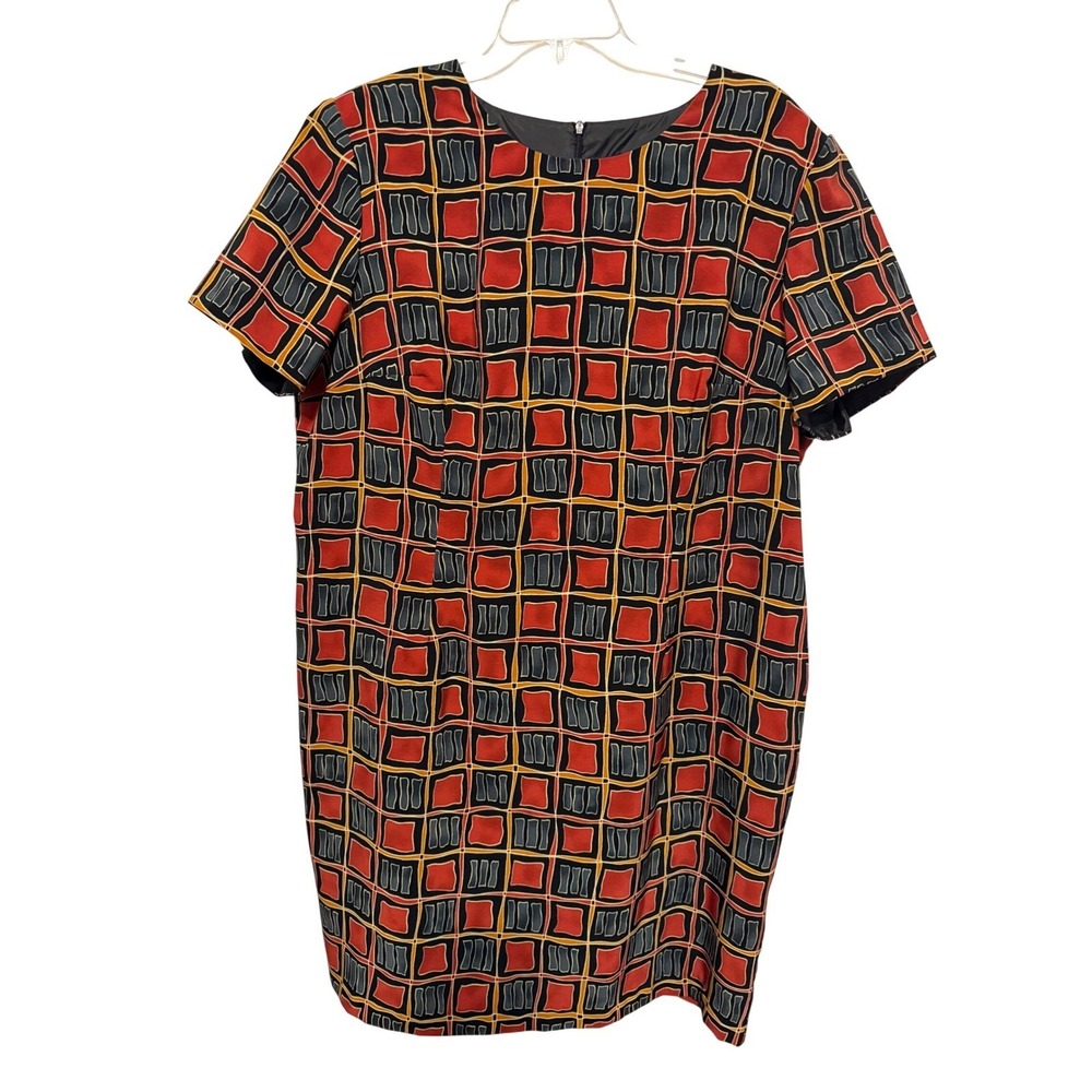 John Philips Womens Petite 22WP Red Geometric Square Print Shift Dress Vintage